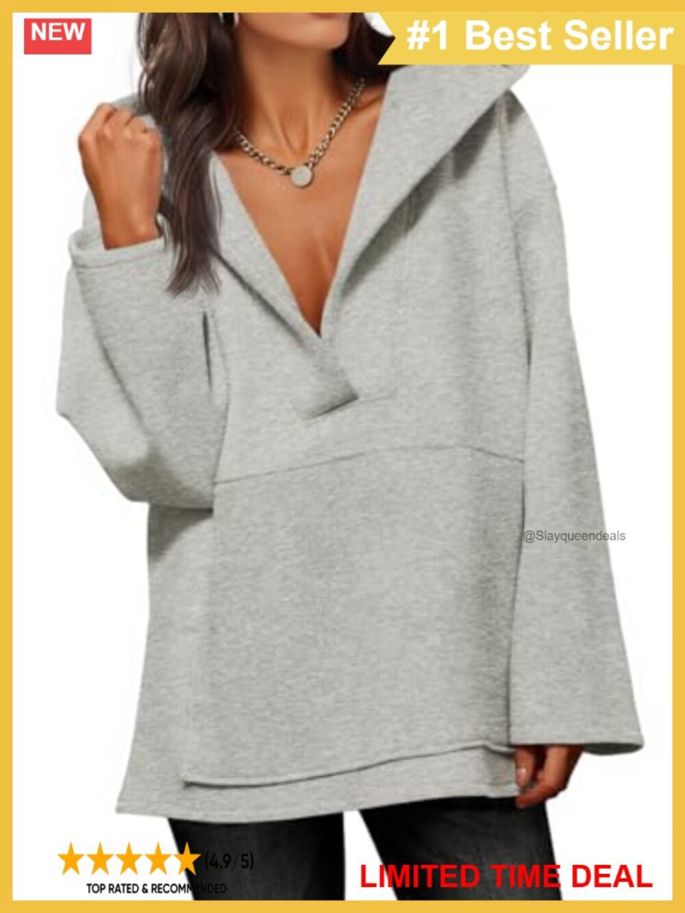 Women's Oversized Fleece V-Neck Hoodie Long Sleeve Pullover Sweatshirt Casual